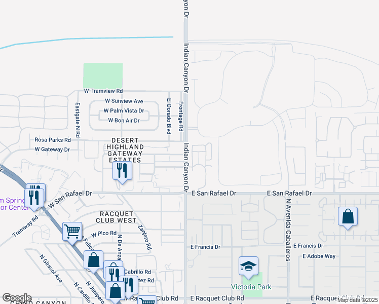 map of restaurants, bars, coffee shops, grocery stores, and more near 3611 Melody Lane in Palm Springs
