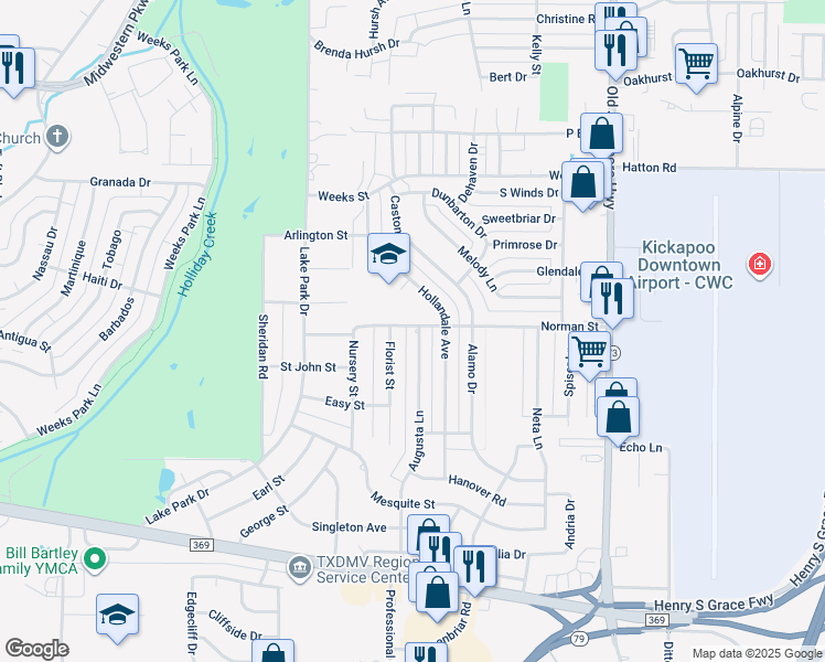 map of restaurants, bars, coffee shops, grocery stores, and more near 4700 Augusta Lane in Wichita Falls