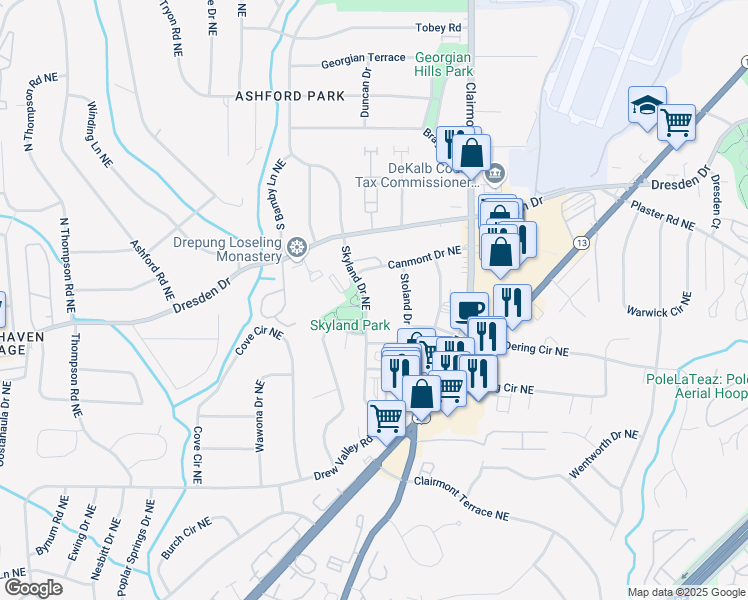 map of restaurants, bars, coffee shops, grocery stores, and more near 2599 Skyland Drive Northeast in Atlanta