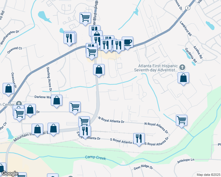 map of restaurants, bars, coffee shops, grocery stores, and more near 4953 Presidents Way in Tucker