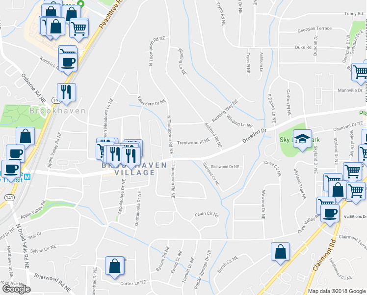 map of restaurants, bars, coffee shops, grocery stores, and more near 1549 Trentwood Place Northeast in Atlanta