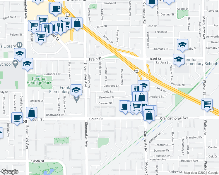 map of restaurants, bars, coffee shops, grocery stores, and more near 13140 Cantrece Lane in Cerritos