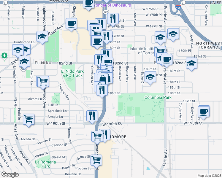 map of restaurants, bars, coffee shops, grocery stores, and more near 18525 Ashley Avenue in Torrance