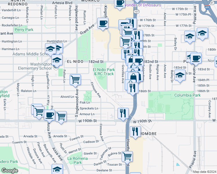 map of restaurants, bars, coffee shops, grocery stores, and more near 18514 Kingsdale Avenue in Redondo Beach