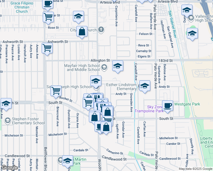 map of restaurants, bars, coffee shops, grocery stores, and more near 5930 Arabella Street in Lakewood