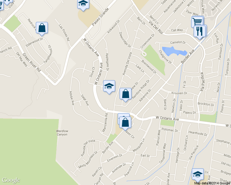 map of restaurants, bars, coffee shops, grocery stores, and more near 2242 Avenida Del Vista in Corona