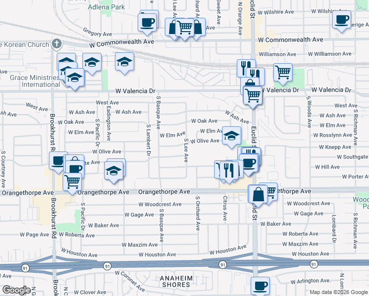 map of restaurants, bars, coffee shops, grocery stores, and more near 1300 West Olive Avenue in Fullerton