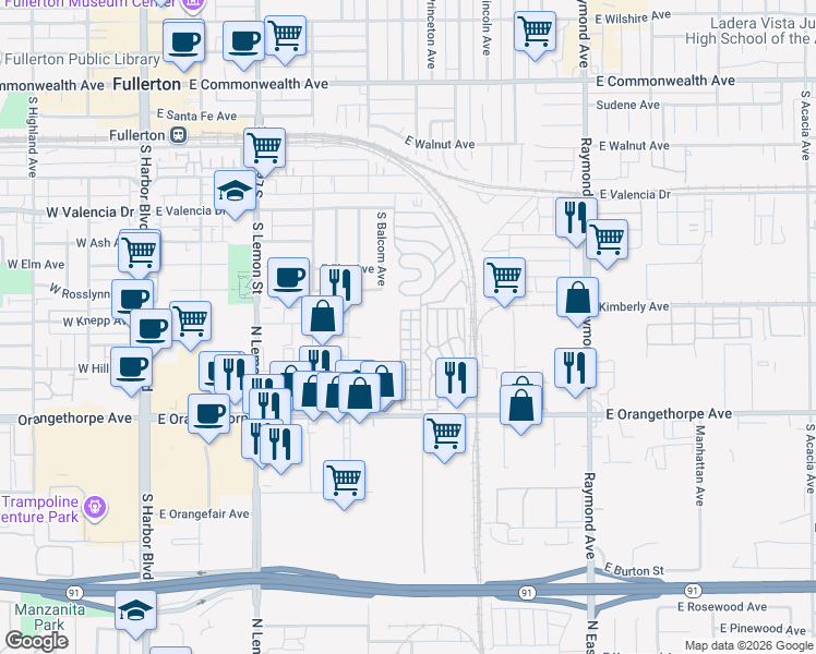map of restaurants, bars, coffee shops, grocery stores, and more near 41 Spruce Via in Anaheim