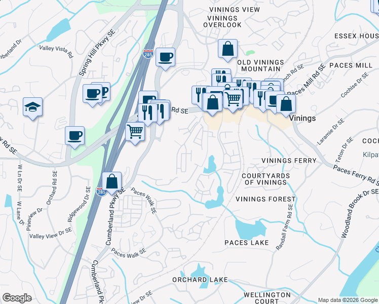 map of restaurants, bars, coffee shops, grocery stores, and more near 3751 Paces Lookout Circle Southeast in Atlanta