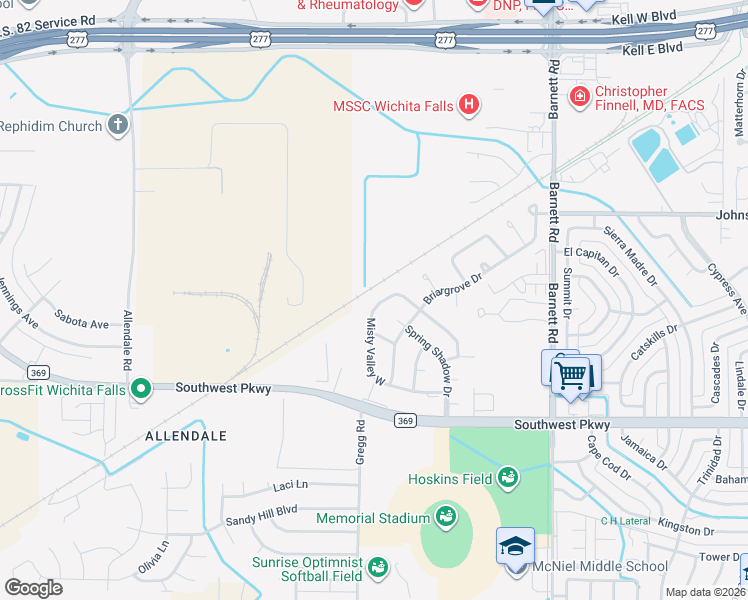map of restaurants, bars, coffee shops, grocery stores, and more near 4518 Misty Valley West in Wichita Falls
