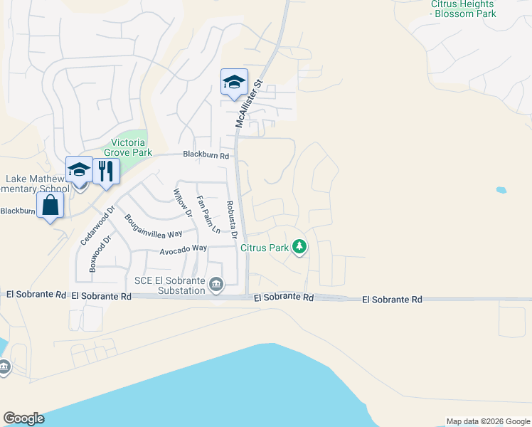 map of restaurants, bars, coffee shops, grocery stores, and more near 17546-17998 McAllister Street in Riverside