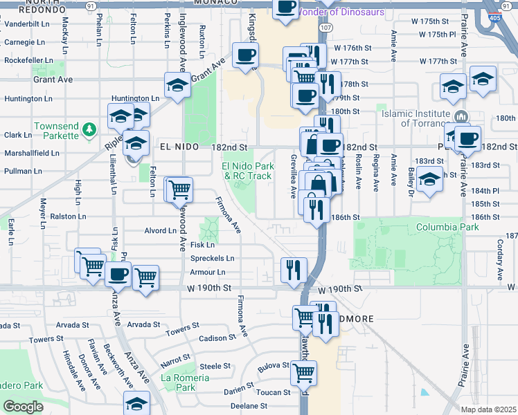 map of restaurants, bars, coffee shops, grocery stores, and more near 18514 Kingsdale Avenue in Redondo Beach