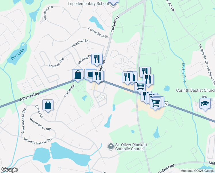 map of restaurants, bars, coffee shops, grocery stores, and more near 2990 Ben Park Lane in Grayson