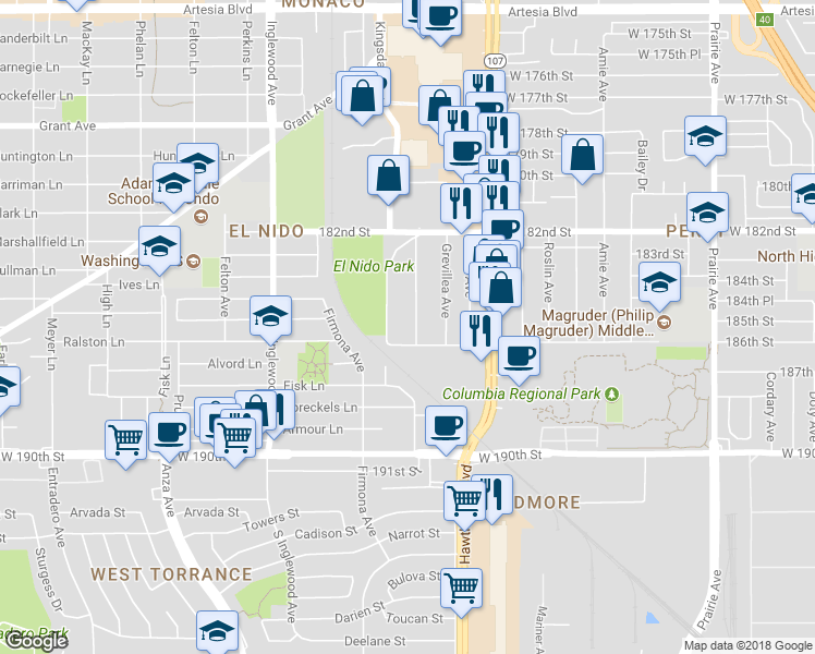 map of restaurants, bars, coffee shops, grocery stores, and more near 18513 Mansel Avenue in Redondo Beach