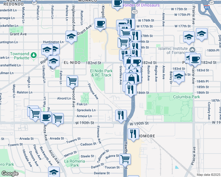 map of restaurants, bars, coffee shops, grocery stores, and more near 18513 Mansel Avenue in Redondo Beach