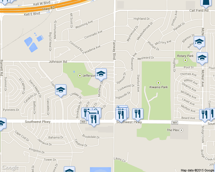 map of restaurants, bars, coffee shops, grocery stores, and more near 4627 Pendleton Drive in Wichita Falls