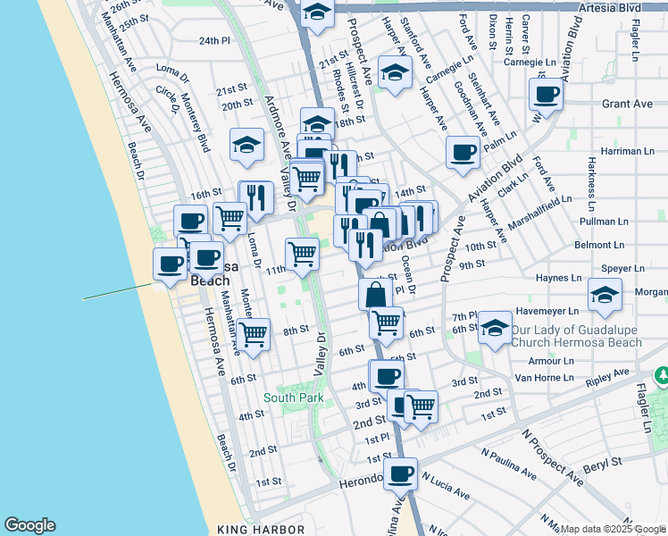 map of restaurants, bars, coffee shops, grocery stores, and more near 653 10th Street in Hermosa Beach