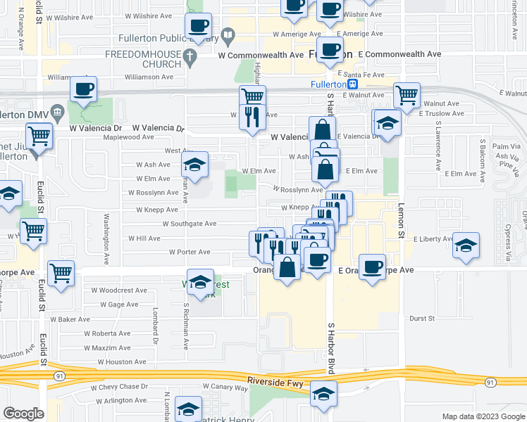 map of restaurants, bars, coffee shops, grocery stores, and more near 900 South Highland Avenue in Fullerton