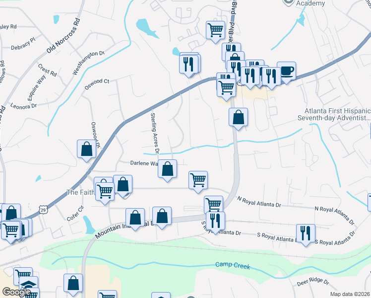 map of restaurants, bars, coffee shops, grocery stores, and more near 4793 Summit Hills Way in Tucker
