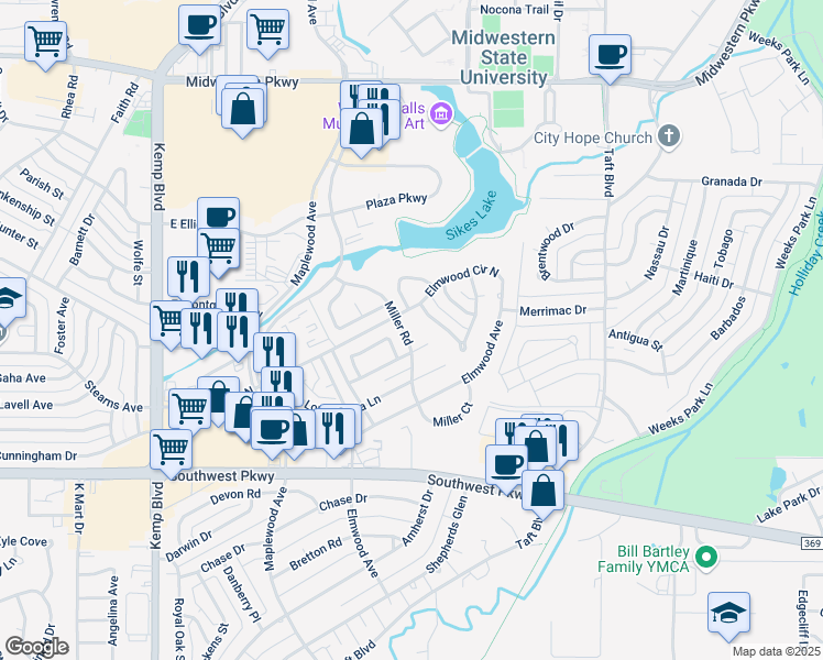 map of restaurants, bars, coffee shops, grocery stores, and more near 4507 Miller Road in Wichita Falls