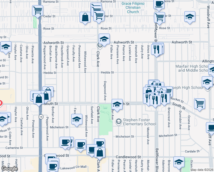 map of restaurants, bars, coffee shops, grocery stores, and more near 5906 Dagwood Avenue in Lakewood