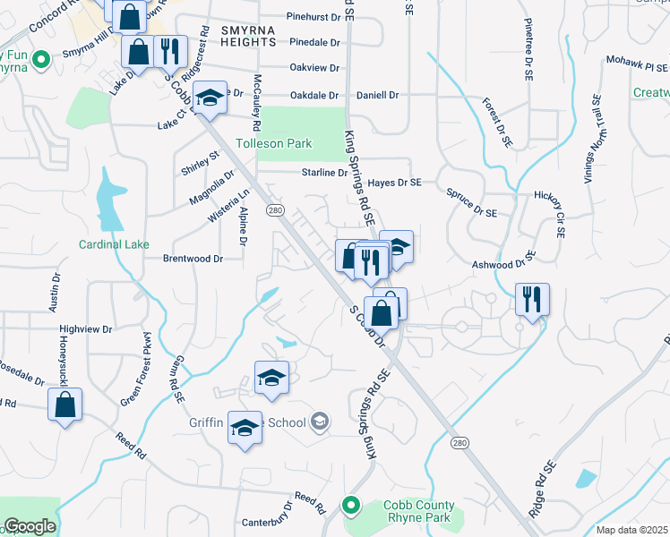 map of restaurants, bars, coffee shops, grocery stores, and more near 600 Luckett Court in Smyrna