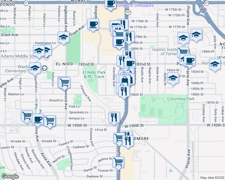 map of restaurants, bars, coffee shops, grocery stores, and more near 18517 Grevillea Avenue in Redondo Beach