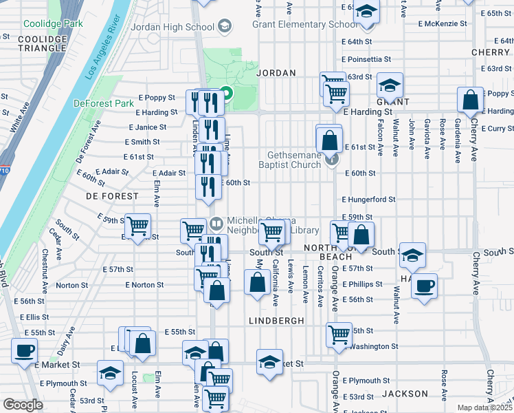 map of restaurants, bars, coffee shops, grocery stores, and more near 5927 Myrtle Avenue in Long Beach