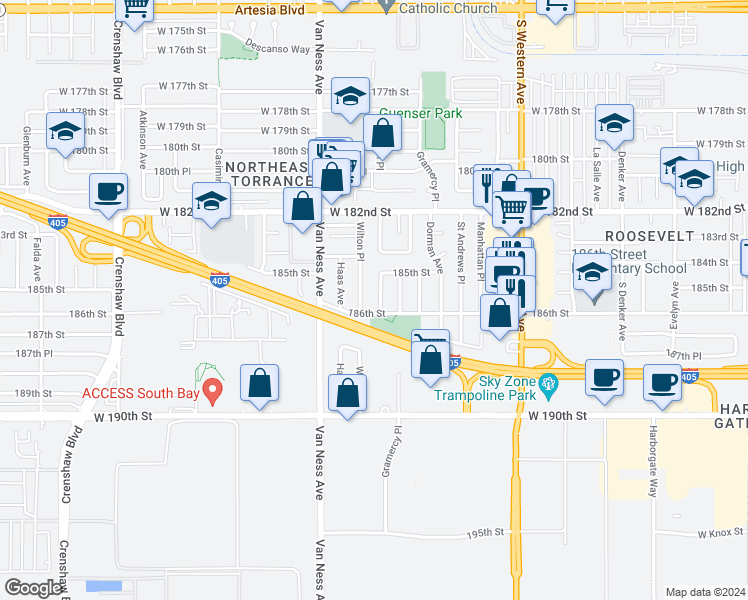 map of restaurants, bars, coffee shops, grocery stores, and more near 18529 Taylor Court in Torrance
