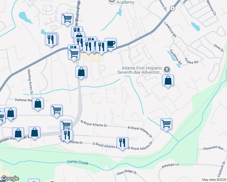 map of restaurants, bars, coffee shops, grocery stores, and more near 2634 Leeshire Court in Tucker