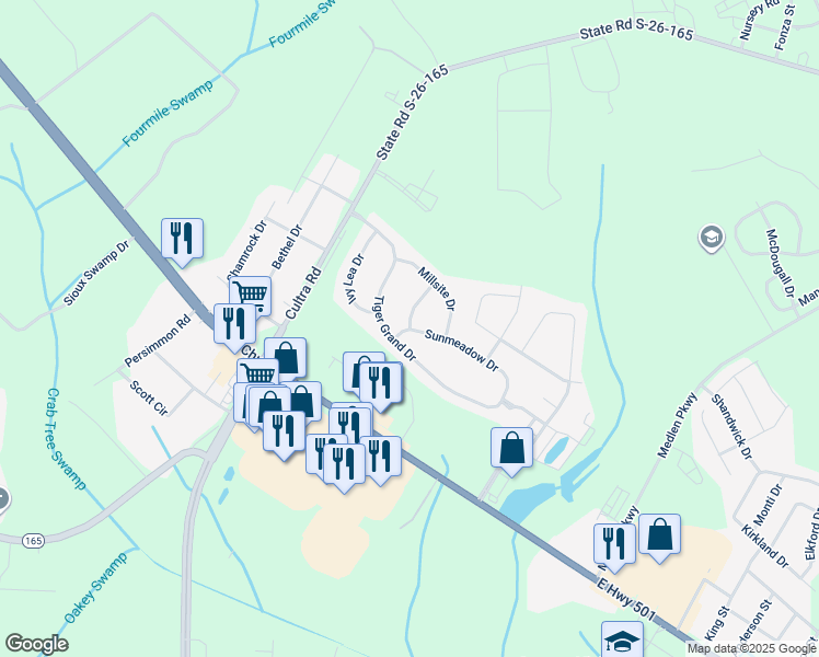 map of restaurants, bars, coffee shops, grocery stores, and more near 1712 Sunmeadow Drive in Conway