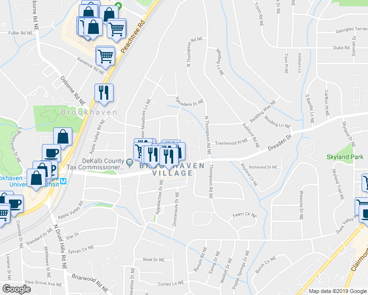 map of restaurants, bars, coffee shops, grocery stores, and more near 2603 Camille Drive Northeast in Atlanta