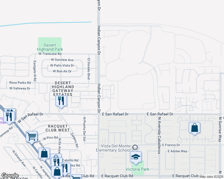 map of restaurants, bars, coffee shops, grocery stores, and more near 3646 Sunburst Boulevard in Palm Springs