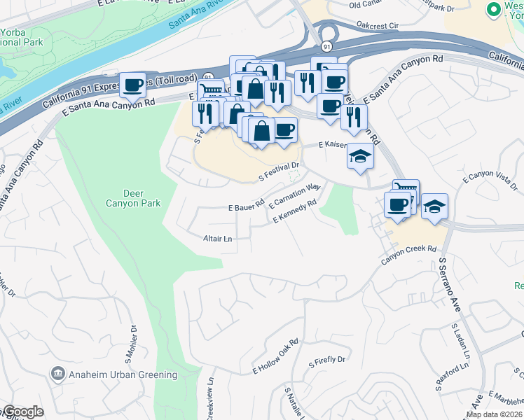 map of restaurants, bars, coffee shops, grocery stores, and more near 215 South Blueberry Street in Anaheim
