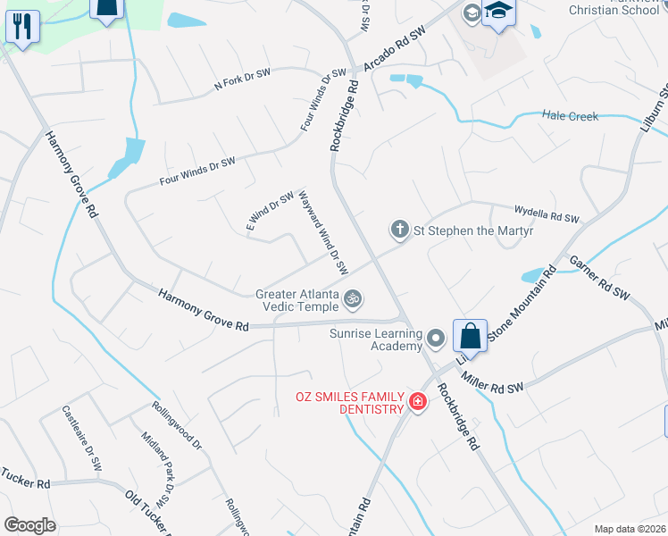 map of restaurants, bars, coffee shops, grocery stores, and more near 439 Wayward Wind Drive Southwest in Lilburn