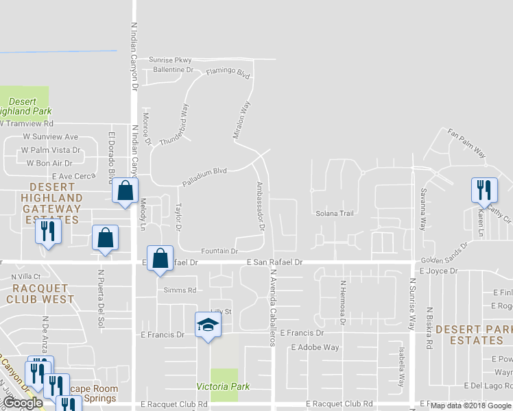 map of restaurants, bars, coffee shops, grocery stores, and more near 3495 Ambassador Drive in Palm Springs