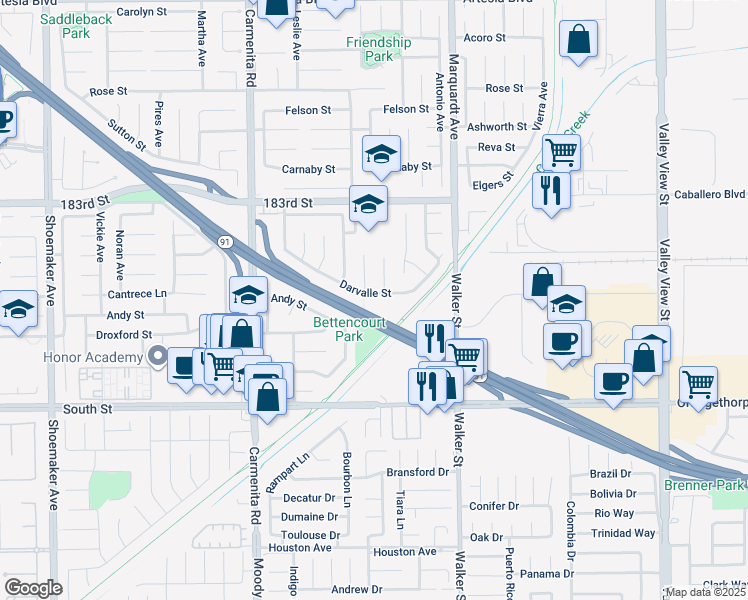 map of restaurants, bars, coffee shops, grocery stores, and more near 13608 Darvalle Street in Cerritos