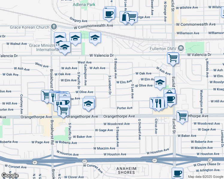 map of restaurants, bars, coffee shops, grocery stores, and more near 900 South Lambert Drive in Fullerton