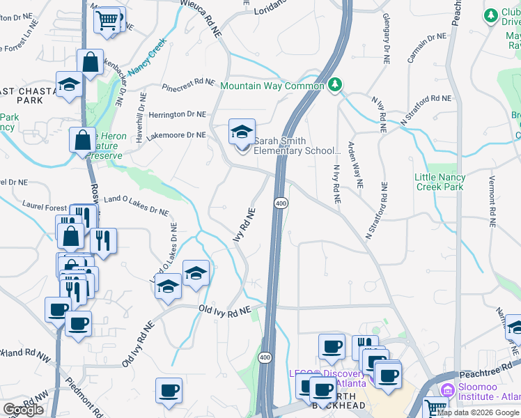 map of restaurants, bars, coffee shops, grocery stores, and more near 3939 Ivy Road Northeast in Atlanta