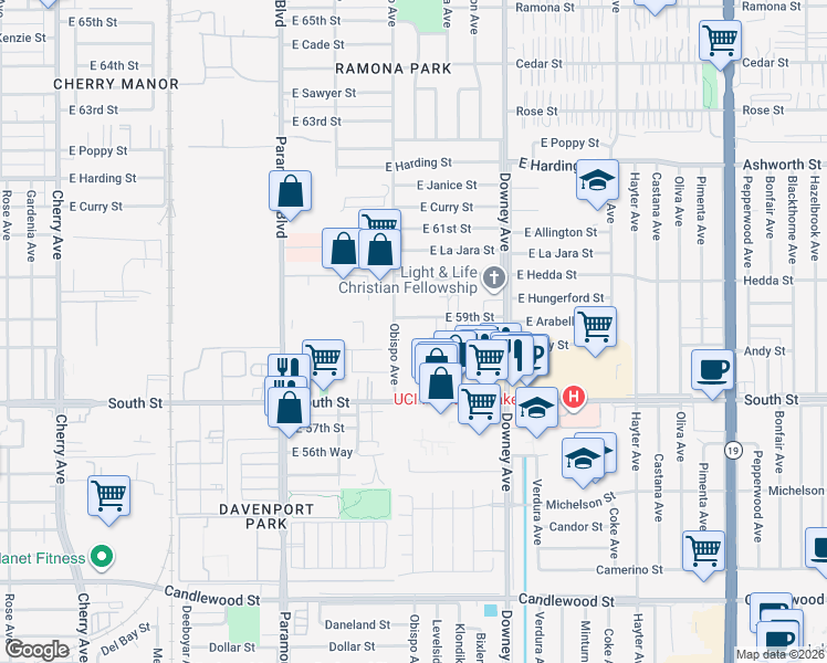 map of restaurants, bars, coffee shops, grocery stores, and more near 3220 East 59th Street in Long Beach