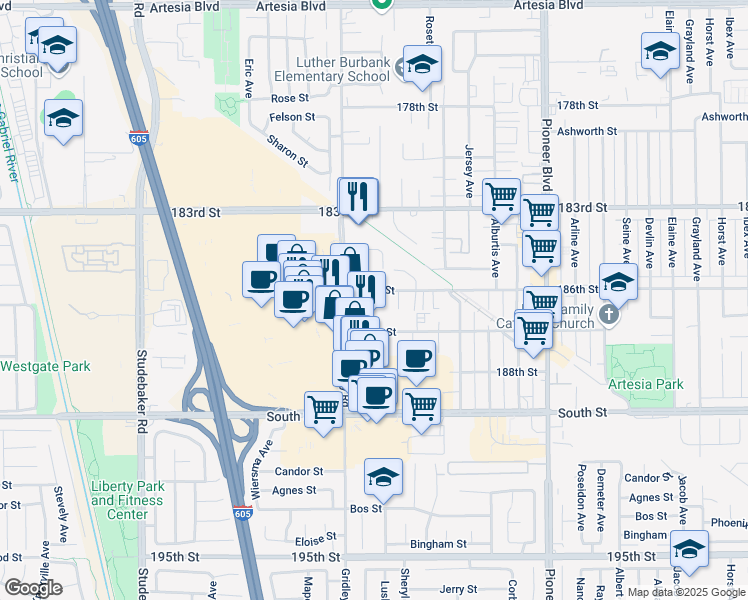 map of restaurants, bars, coffee shops, grocery stores, and more near 11446 186th Street in Artesia