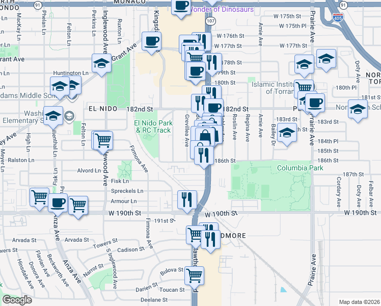 map of restaurants, bars, coffee shops, grocery stores, and more near 18517 Grevillea Avenue in Redondo Beach