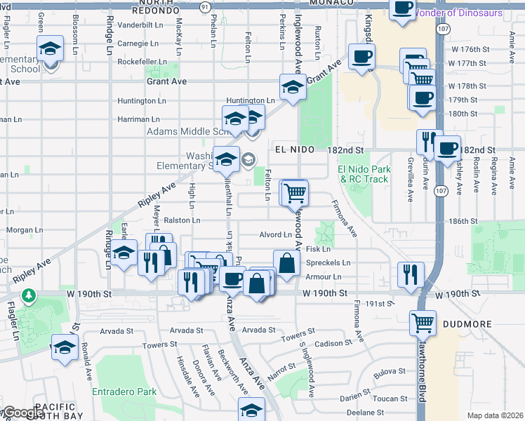 map of restaurants, bars, coffee shops, grocery stores, and more near 2516 185th Street in Redondo Beach