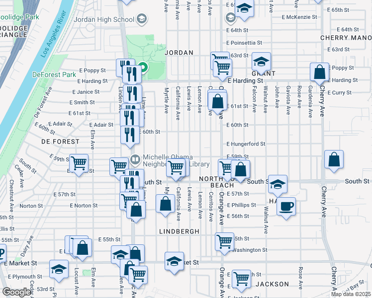 map of restaurants, bars, coffee shops, grocery stores, and more near 5917 Lewis Avenue in Long Beach