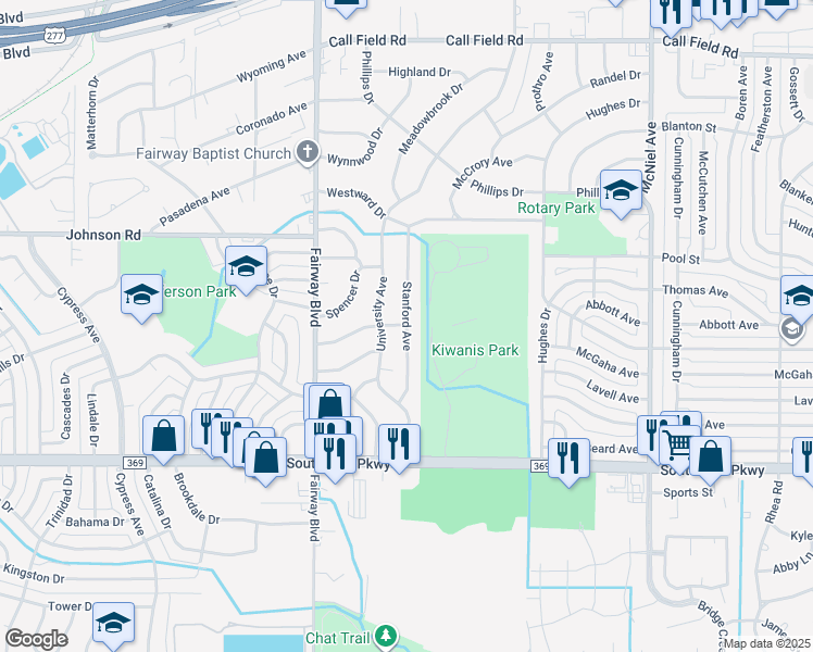 map of restaurants, bars, coffee shops, grocery stores, and more near 4630 Stanford Avenue in Wichita Falls