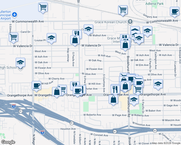 map of restaurants, bars, coffee shops, grocery stores, and more near 2119 West Olive Avenue in Fullerton