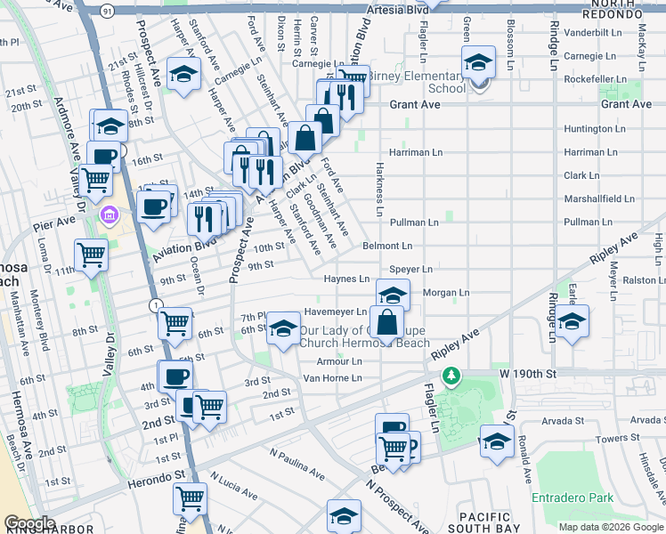 map of restaurants, bars, coffee shops, grocery stores, and more near 1624 Speyer Lane in Redondo Beach
