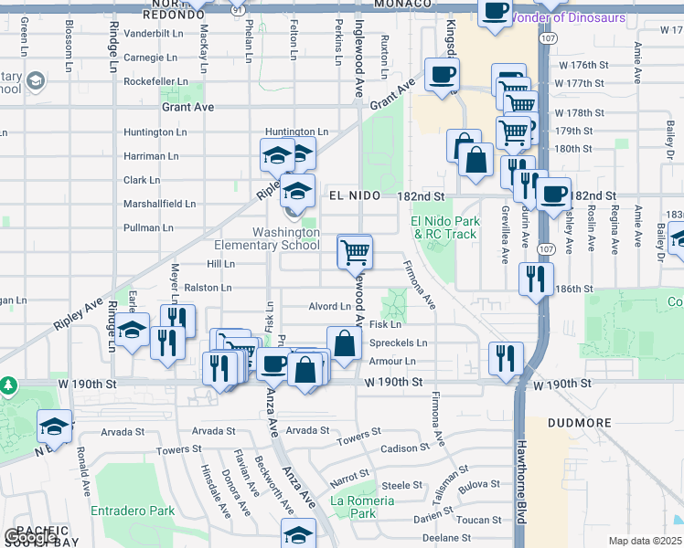 map of restaurants, bars, coffee shops, grocery stores, and more near 2610 185th Street in Redondo Beach