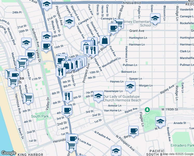 map of restaurants, bars, coffee shops, grocery stores, and more near 1244 9th Street in Hermosa Beach