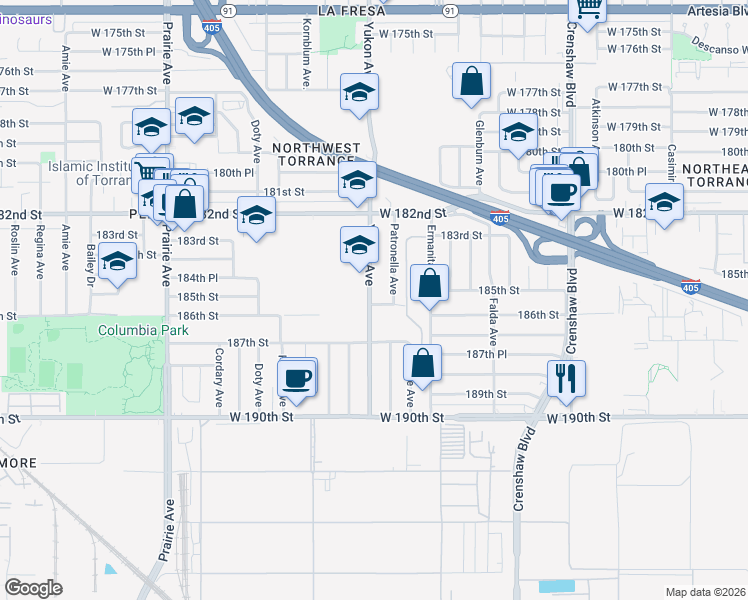 map of restaurants, bars, coffee shops, grocery stores, and more near 3531 185th Street in Torrance